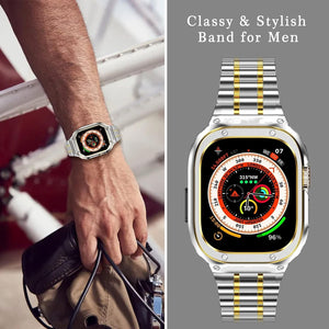 Apple Watch Ultra 49mm Védőtokos Fém Szíj - MioHHR Ütésálló Ezüst/Arany - Image 3