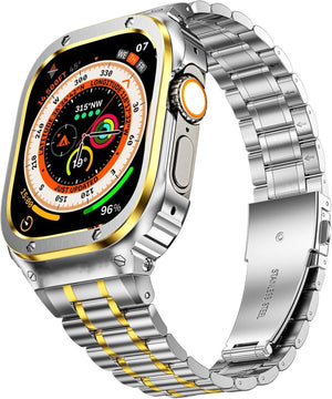 Apple Watch Ultra 49mm Védőtokos Fém Szíj - MioHHR Ütésálló Ezüst/Arany - Image 1