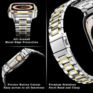 Apple Watch Ultra 49mm Védőtokos Fém Szíj - MioHHR Ütésálló Ezüst/Arany - Image 4