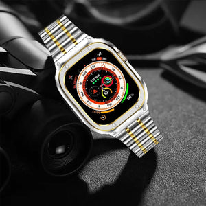 Apple Watch Ultra 49mm Védőtokos Fém Szíj - MioHHR Ütésálló Ezüst/Arany - Image 5
