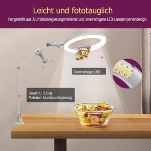 Állítható 10" LED körfény íróasztalra, telefontartóval - YouTube, TikTok, videóhívás (Fehér) - Image 6