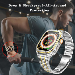 Apple Watch Ultra 49mm Védőtokos Fém Szíj - MioHHR Ütésálló Ezüst/Arany - Image 6