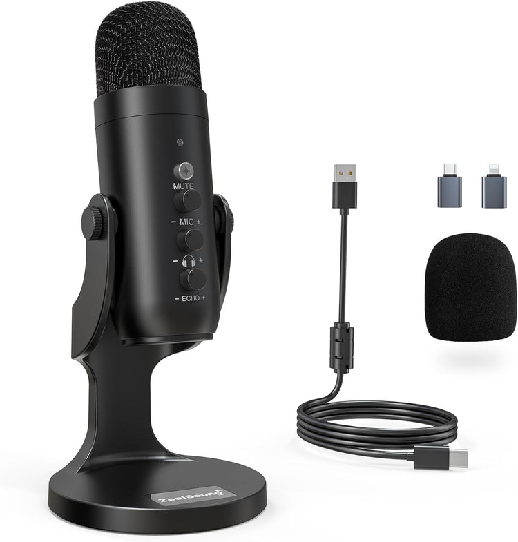ZealSound USB Kondenzátoros Mikrofon - PC, Telefon, PS4/PS5 Kompatibilis, Némítás/Erősítés/Visszhang Funkcióval - Image 1