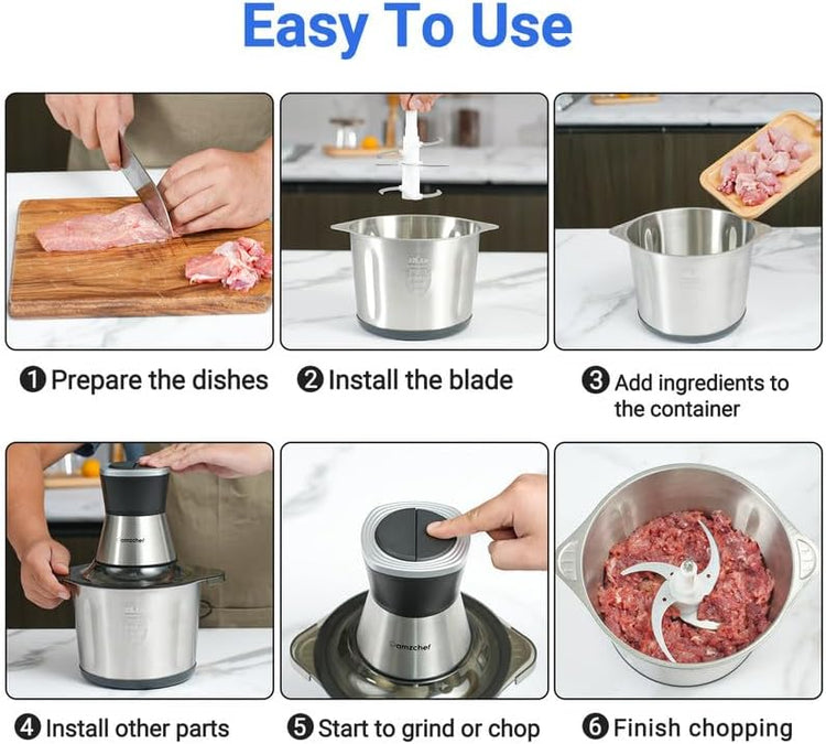 AMZCHEF 500W-os elektromos aprító 3L-es inox tállal, 2 sebességgel, húsdarálásra és bébiételhez - Image 7