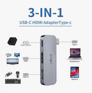 JESWO 3 az 1-ben USB-C Hub 4K HDMI-vel és PD töltéssel, Windows/Mac/iPad kompatibilis - Image 2