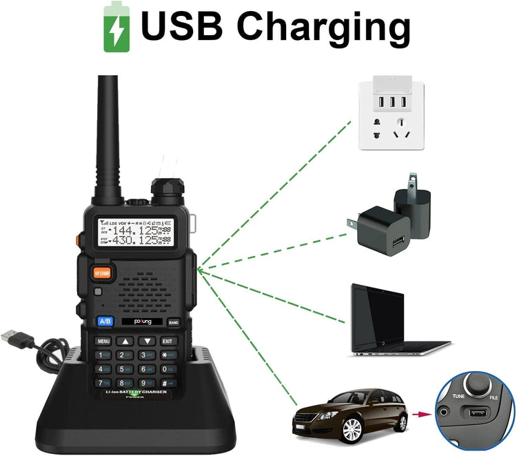 Pofung BF5RUV Kétsávos Walkie-Talkie VHF/UHF Amatőr Rádió USB Töltővel és Programozókábellel - Image 4