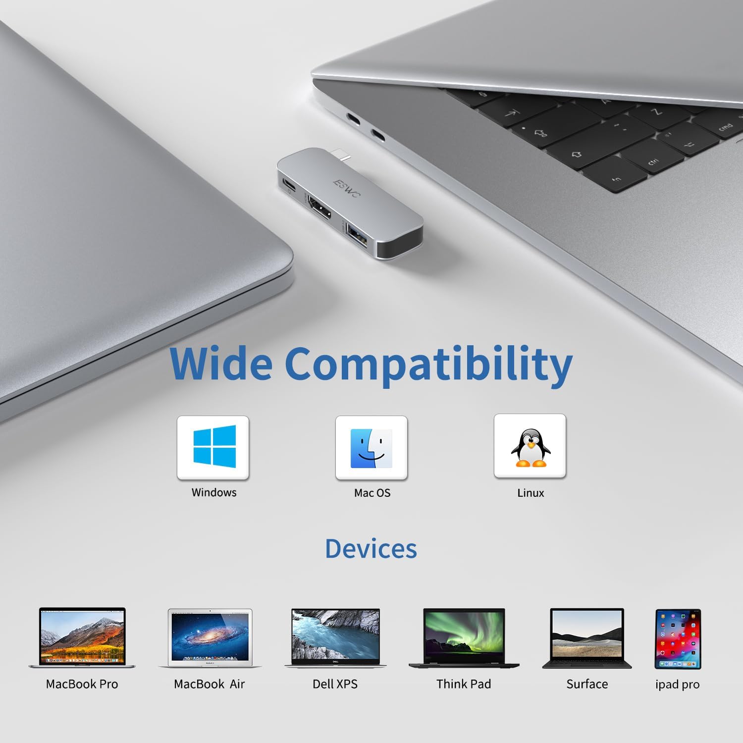 JESWO 3 az 1-ben USB-C Hub 4K HDMI-vel és PD töltéssel, Windows/Mac/iPad kompatibilis - Image 3