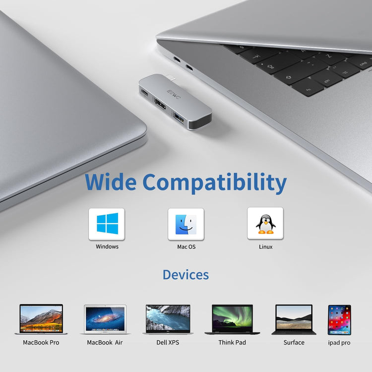 JESWO 3 az 1-ben USB-C Hub 4K HDMI-vel és PD töltéssel, Windows/Mac/iPad kompatibilis - Image 3