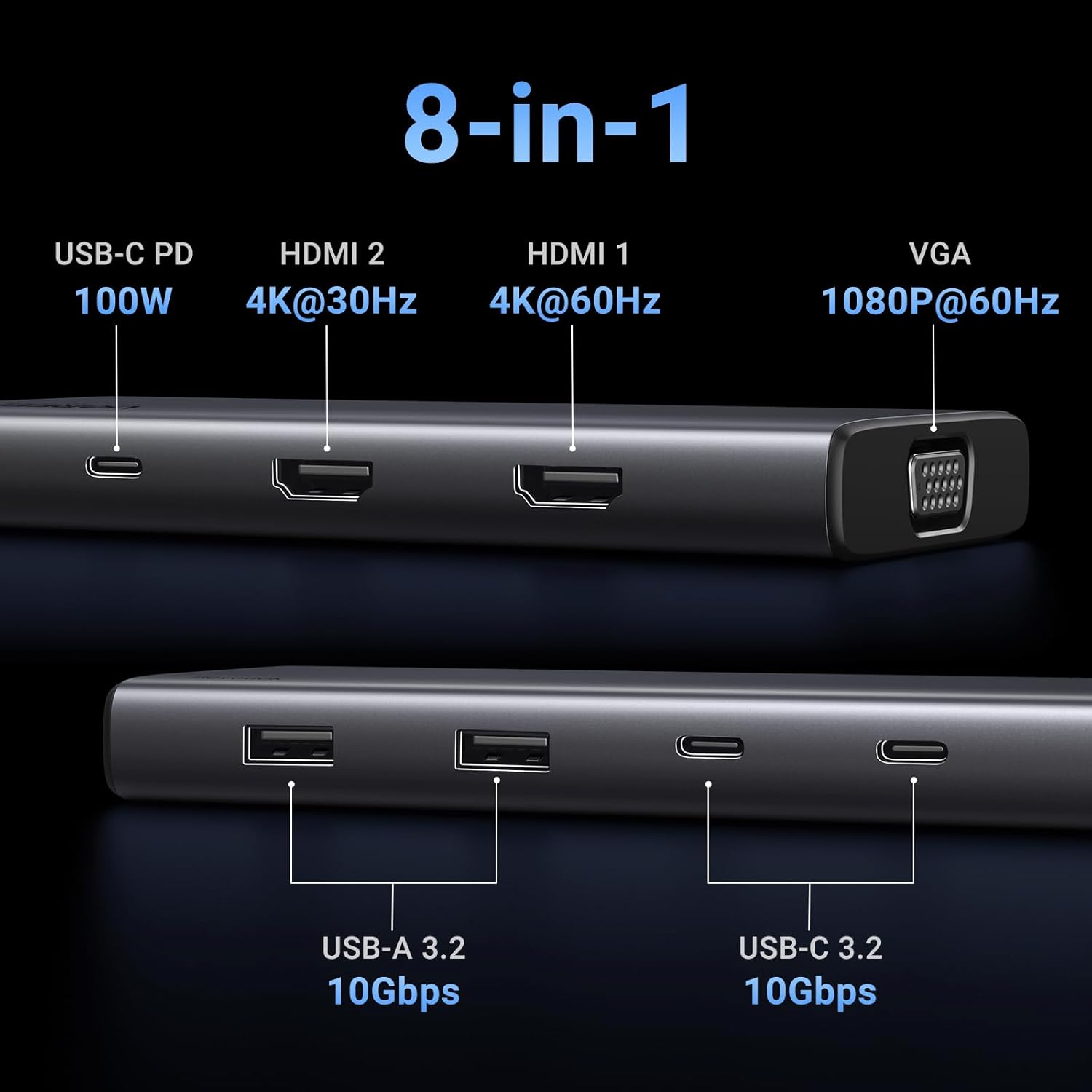 UGREEN Revodok 308 USB-C Hub 8 az 1-ben, 4K HDMI, VGA, MacBook kompatibilis - Image 2