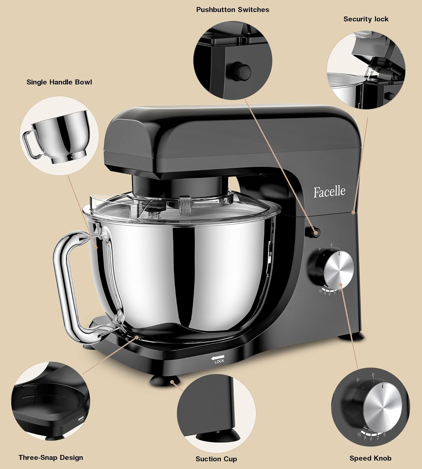 Facelle 1300W Professzionális Robotgép 10 Sebességgel, 5,5L Inox Tállal, Fekete - Image 3