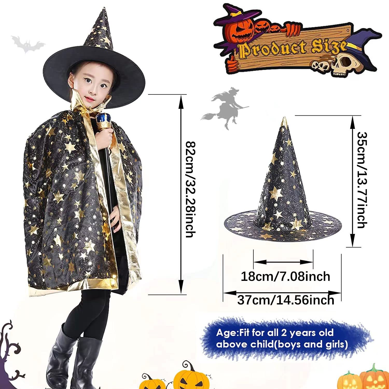 Gyerek Varázsló Köpeny Kalappal - Halloween Boszorkány Jelmez - Image 2