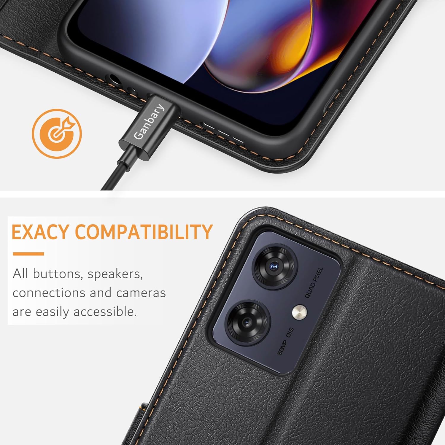 Motorola Moto G54/G64 5G Prémium Bőr Flip Tok - Fekete, Kártyatartóval - Image 7