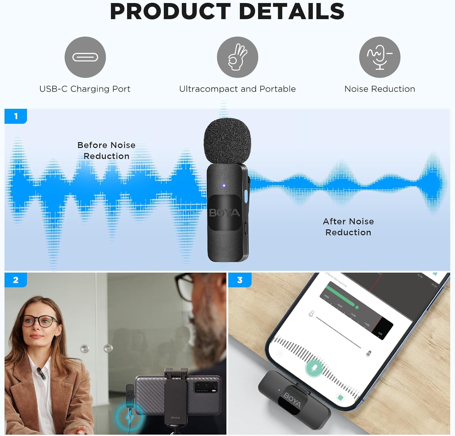 Boya BY-V20 USB-C vezeték nélküli csíptetős mikrofon zajszűréssel, Android/iPhone15 kompatibilis - Image 2