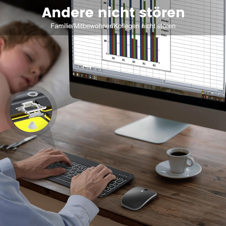 TECURS vezeték nélküli QWERTZ billentyűzet és egér szett iPadhez, 7 színű háttérvilágítással, fekete - Image 4