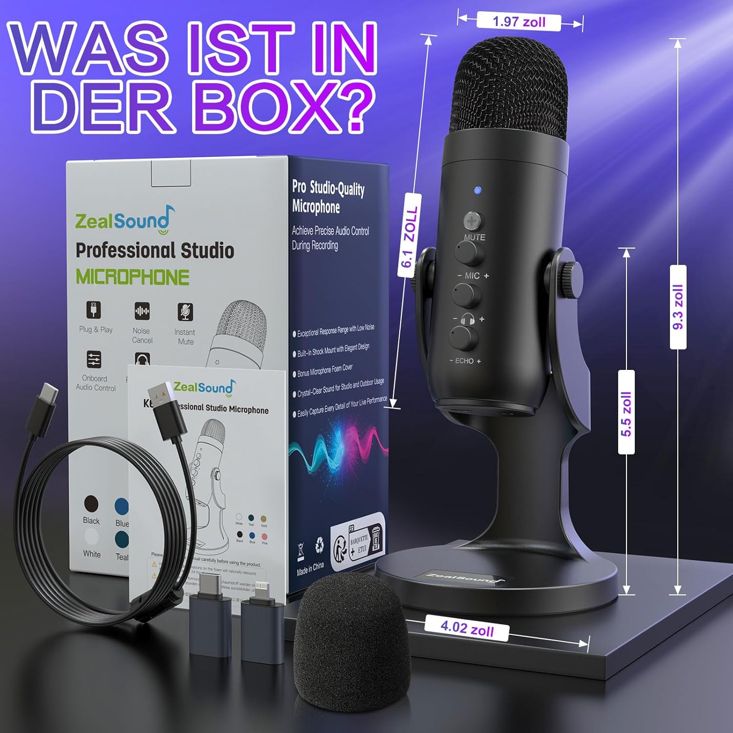ZealSound USB Kondenzátoros Mikrofon - PC, Telefon, PS4/PS5 Kompatibilis, Némítás/Erősítés/Visszhang Funkcióval - Image 7