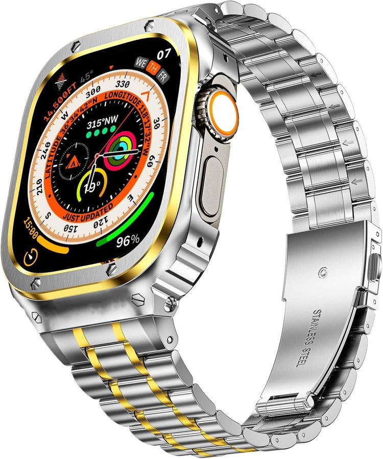 Apple Watch Ultra 49mm Védőtokos Fém Szíj - MioHHR Ütésálló Ezüst/Arany - Image 1