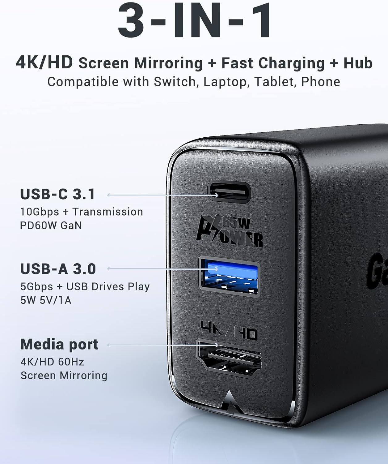 ACEFAST 65W GaN USB-C gyorstöltő 4K HDMI kimenettel, 100W kábellel - MacBook, iPad, Switch kompatibilis - Image 4