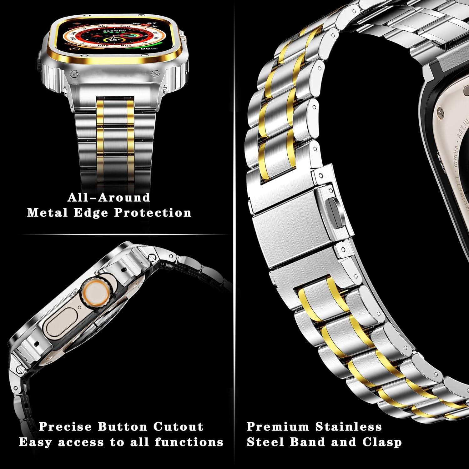 Apple Watch Ultra 49mm Védőtokos Fém Szíj - MioHHR Ütésálló Ezüst/Arany - Image 4