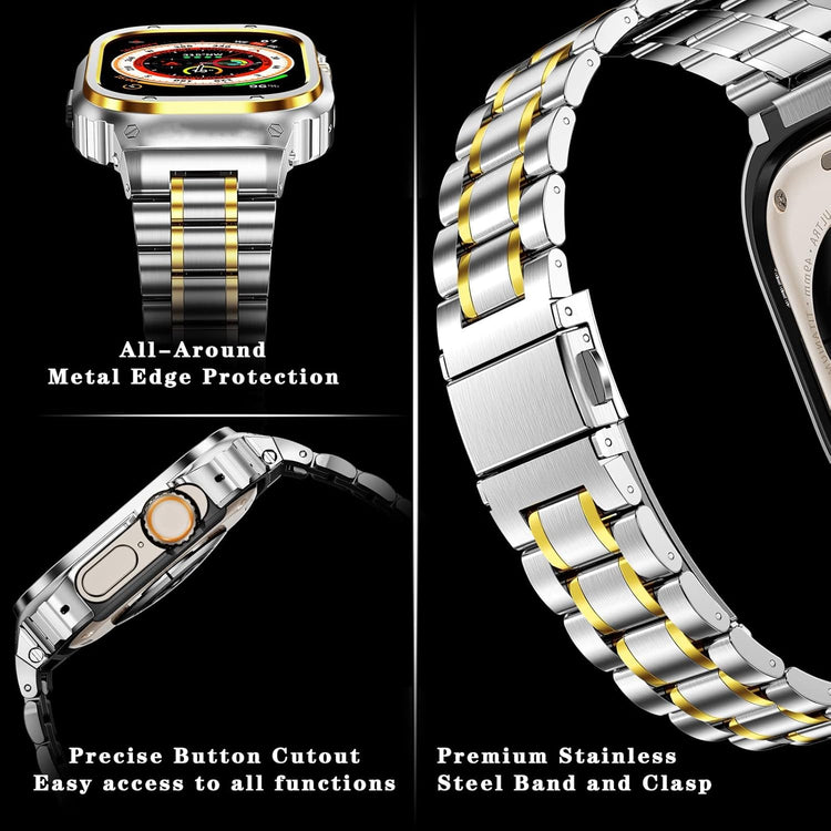 Apple Watch Ultra 49mm Védőtokos Fém Szíj - MioHHR Ütésálló Ezüst/Arany - Image 4