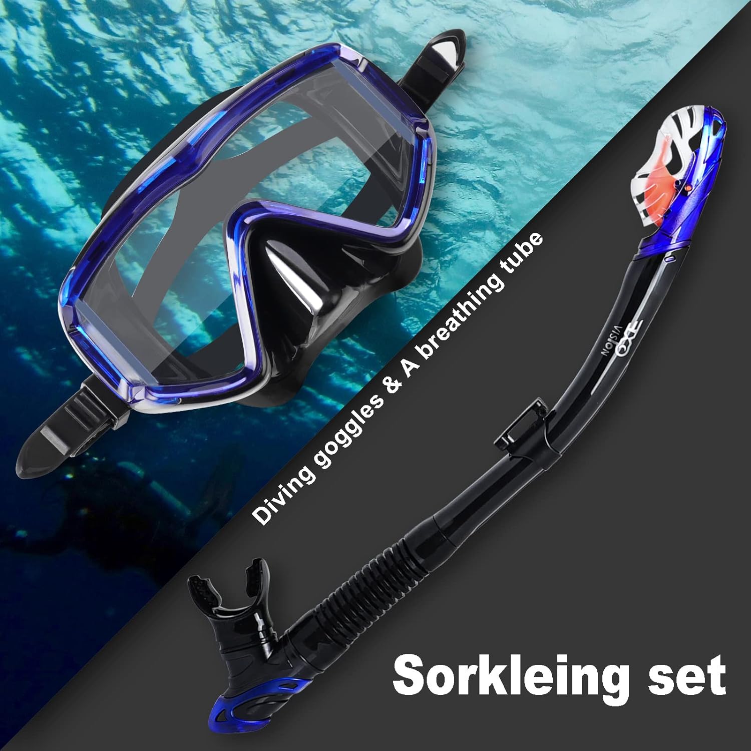 Pano 3 ablakos búvármaszk és légzőcső szett felnőtteknek, kék - Párásodásgátló profi snorkel felszerelés - Image 4