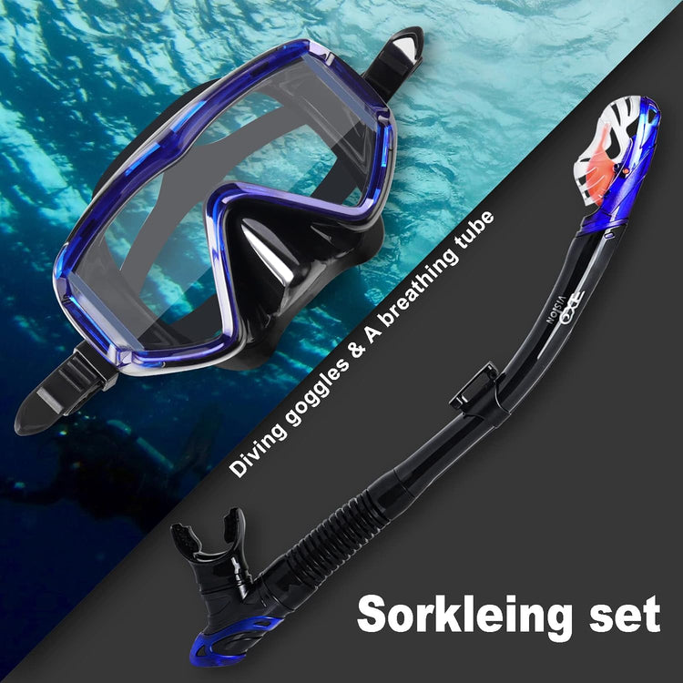 Pano 3 ablakos búvármaszk és légzőcső szett felnőtteknek, kék - Párásodásgátló profi snorkel felszerelés - Image 4