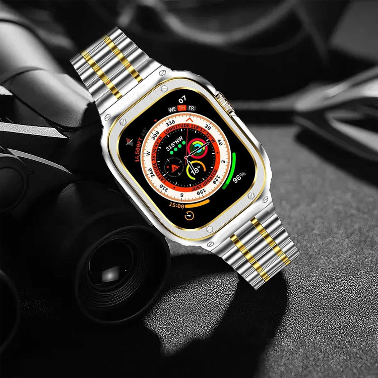 Apple Watch Ultra 49mm Védőtokos Fém Szíj - MioHHR Ütésálló Ezüst/Arany - Image 5