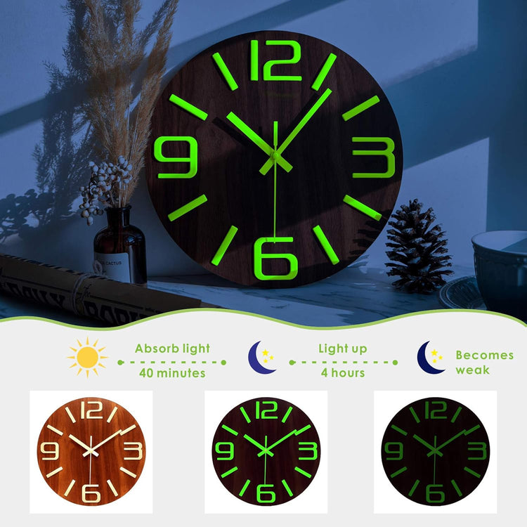 Plumeet 30cm-es Világító Fa Falióra - 3D Számokkal, Nesztelen, Fluoreszkáló - Image 3
