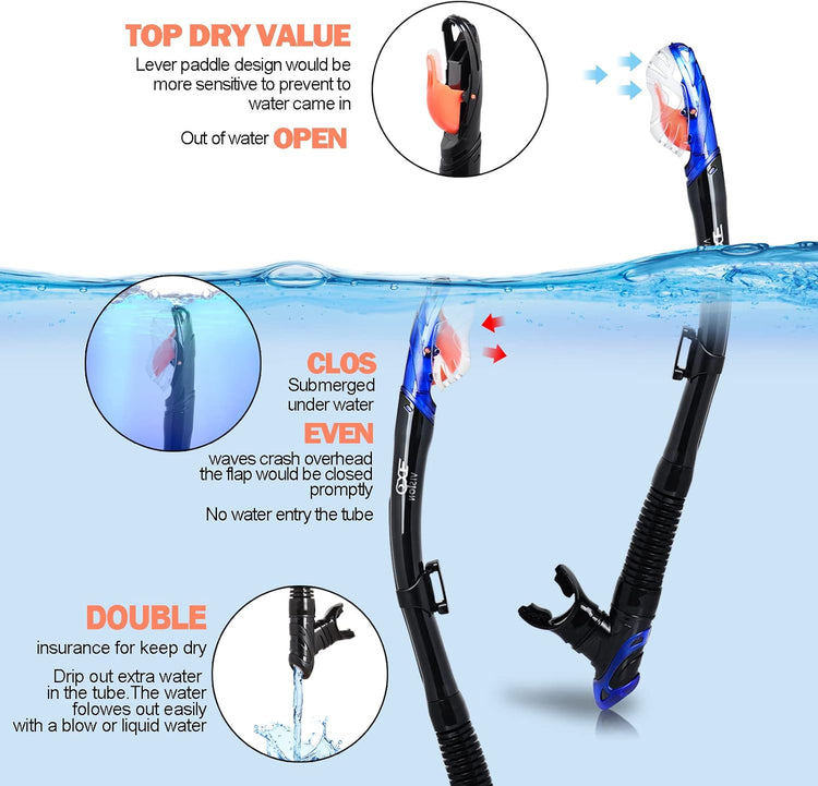 Pano 3 ablakos búvármaszk és légzőcső szett felnőtteknek, kék - Párásodásgátló profi snorkel felszerelés - Image 3