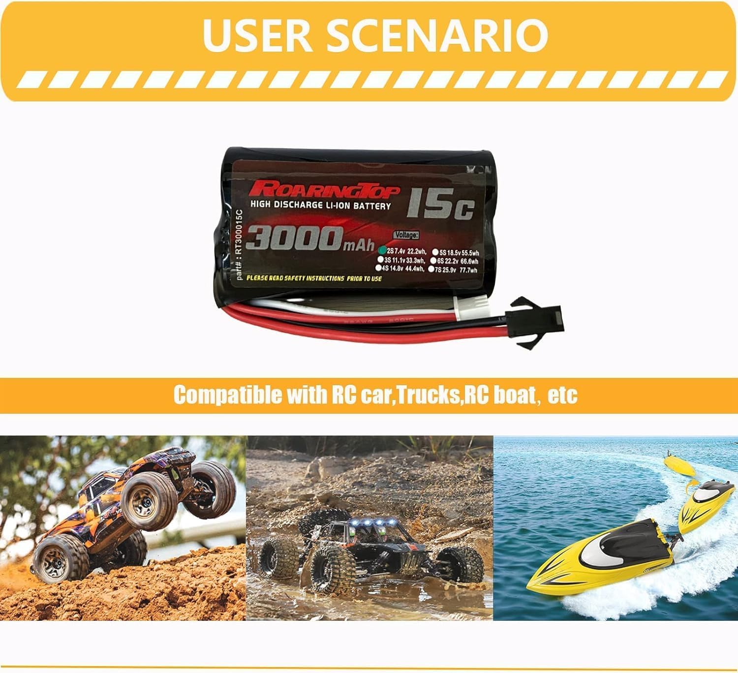 RoaringTop 7,4V 3000mAh Li-ion akkumulátor RC autókhoz és hajókhoz, 2 USB töltővel - Image 4