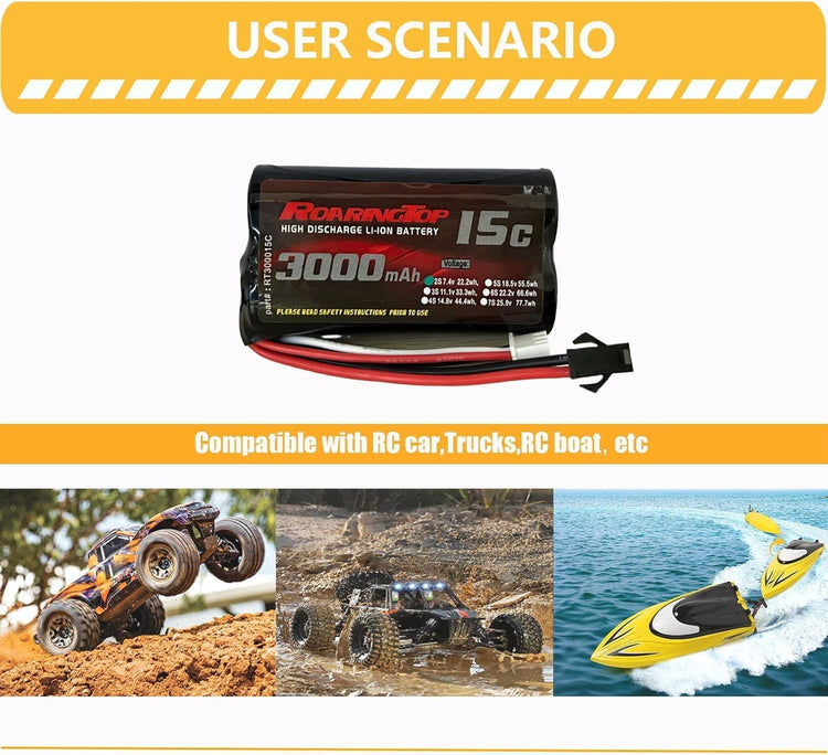 RoaringTop 7,4V 3000mAh Li-ion akkumulátor RC autókhoz és hajókhoz, 2 USB töltővel - Image 4