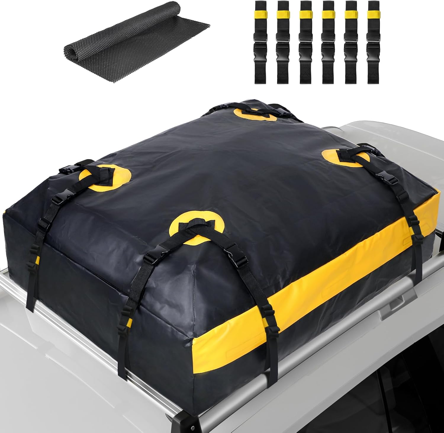 ISOPHO 425L Vízálló, Összecsukható Tetőbox Autóra - Fekete/Sárga, 6 Hevederrel - Image 1