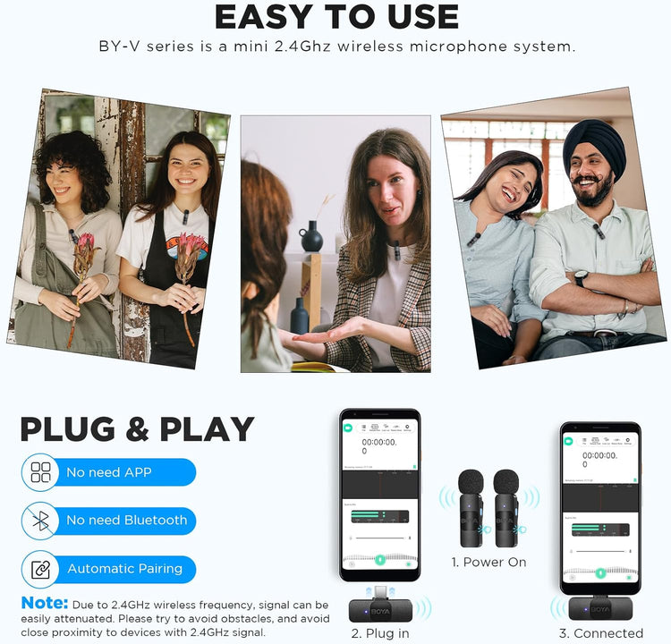 Boya BY-V20 USB-C vezeték nélküli csíptetős mikrofon zajszűréssel, Android/iPhone15 kompatibilis - Image 6