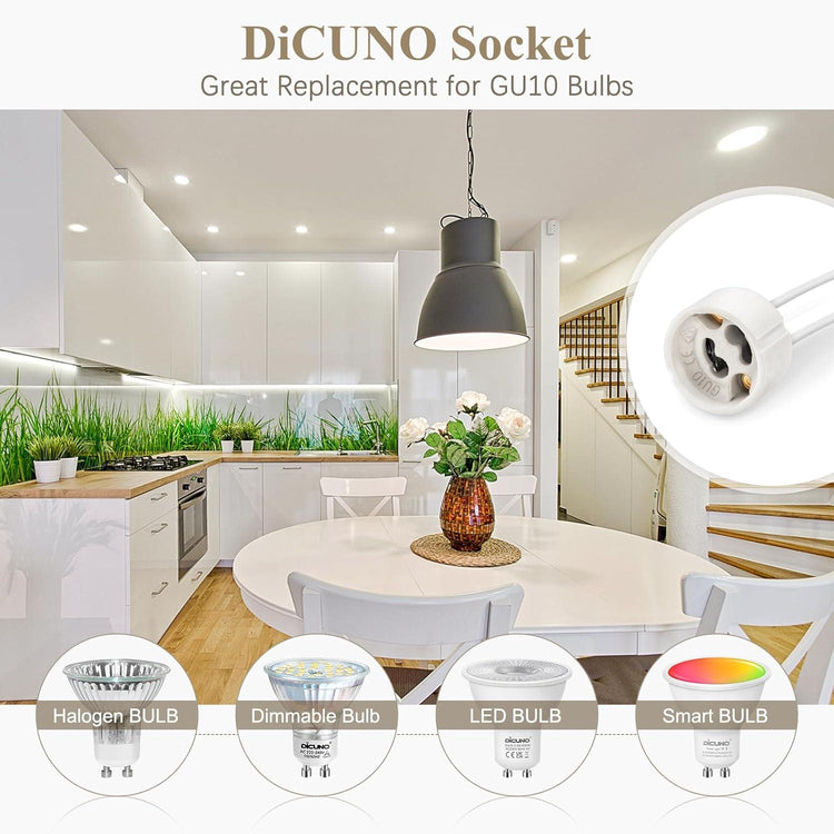 DiCUNO GU10 Foglalat Kerámia Alap 600°C Hőállóságú Szilikon Kábel, 10db Set - Outlet24