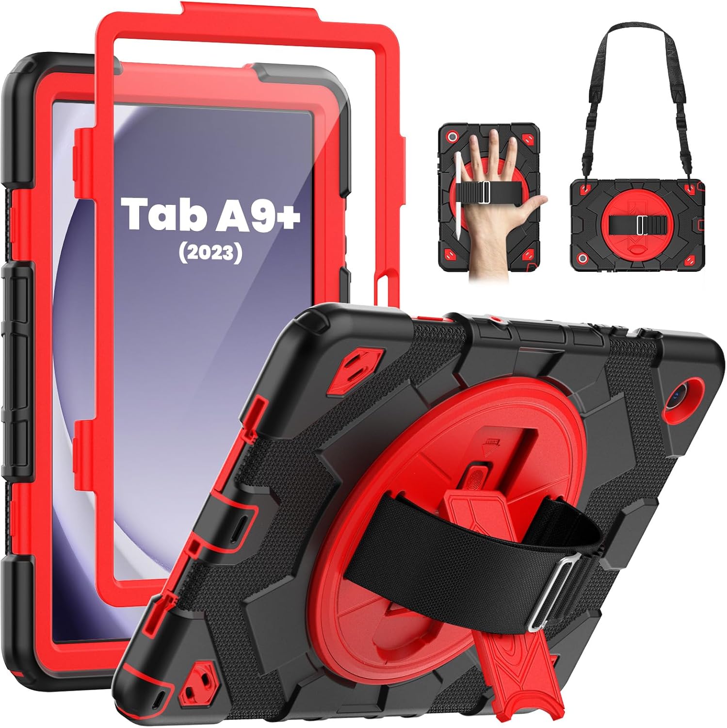 Samsung Galaxy Tab A9 Plus 11" 360°-os forgatható tok, ütésálló védelem, állvánnyal, fekete/piros - Image 1