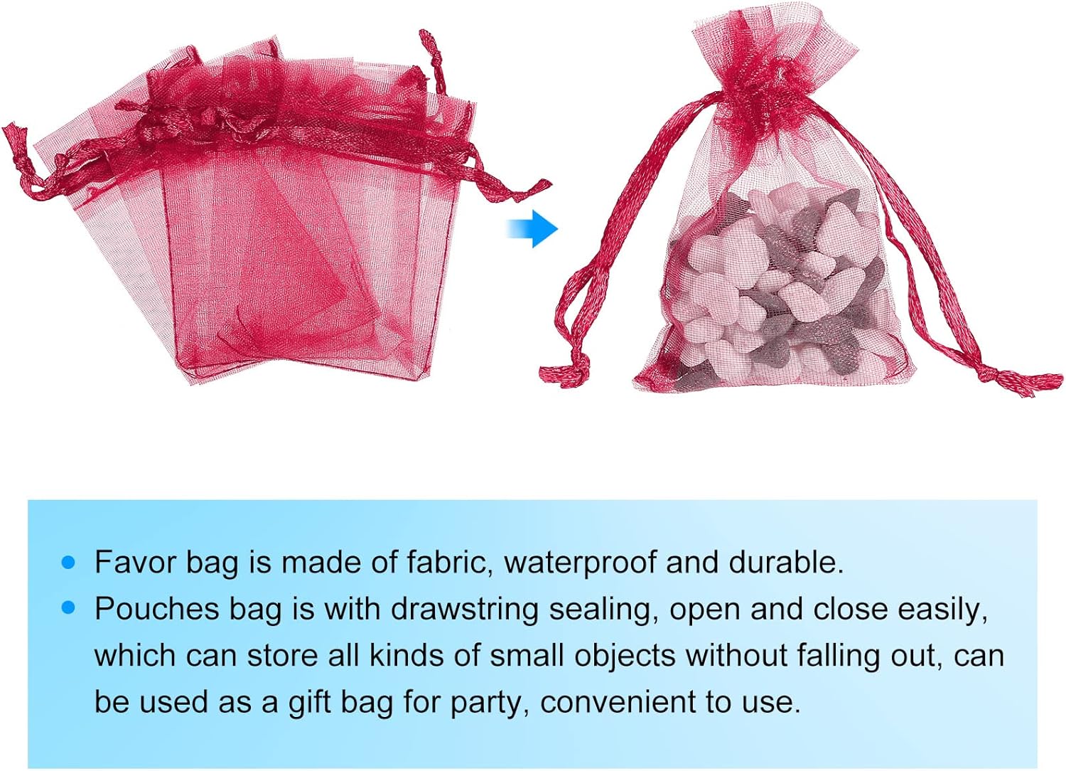 Sourcing Map 50db Bordó Organza Ajándékzsák 5x7cm - Esküvői, Karácsonyi Ékszertasak - Image 3