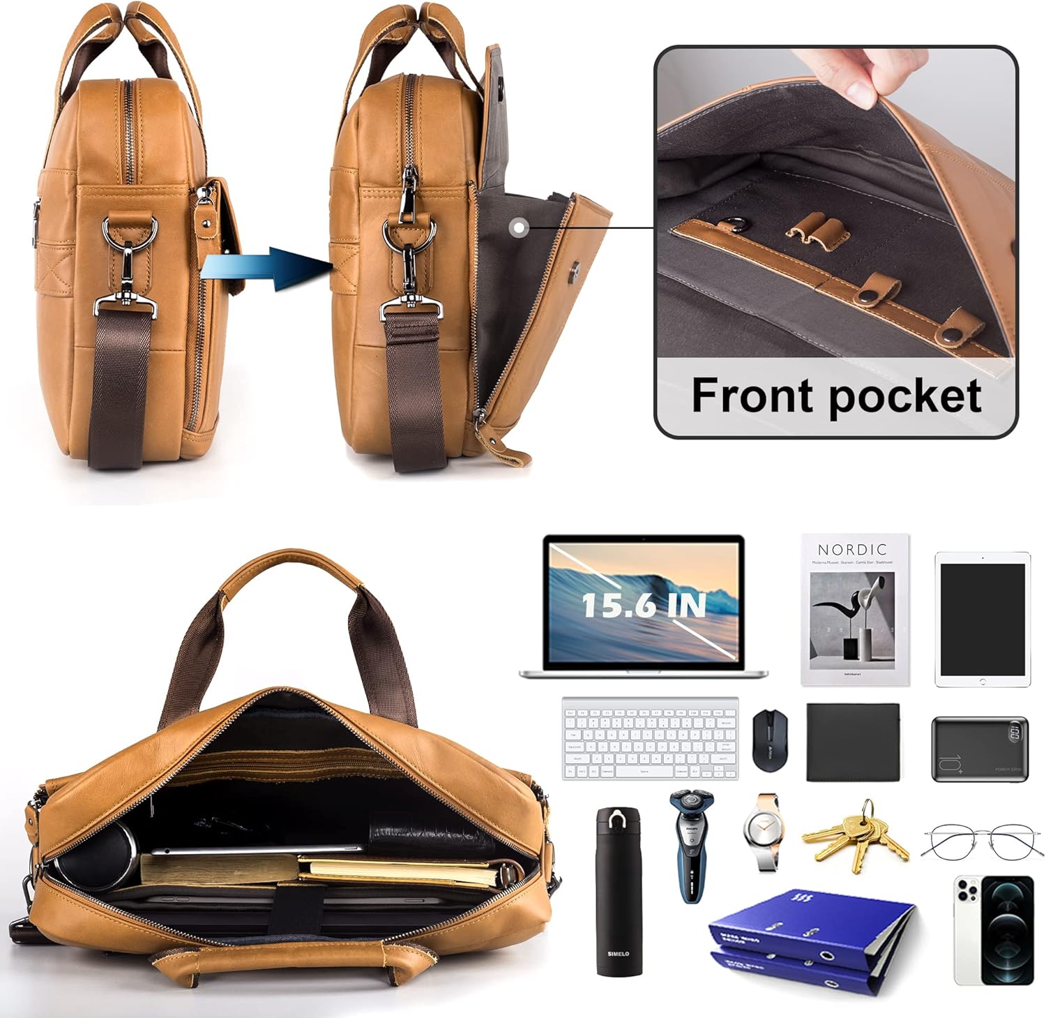 SPAHER 15,6 colos valódi bőr férfi laptoptáska, üzleti aktatáska és válltáska - Image 5