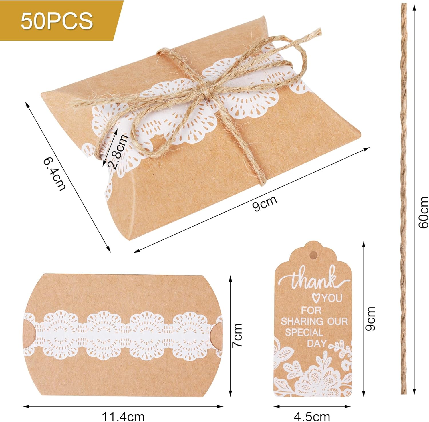 Vintage Ajándékdoboz Szett - 50db Kraft Papír Esküvői Köszönetajándék Doboz Juta Zsinórral - Image 4