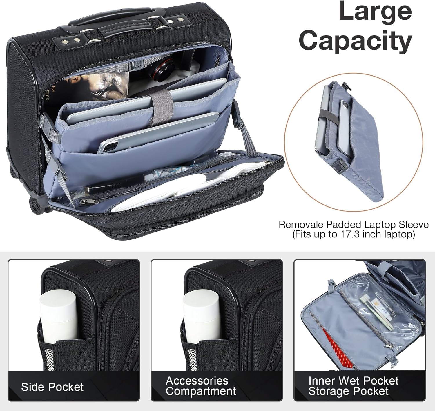 Lekespring 15,6" Üzleti Gurulós Laptoptáska TSA Zárral - Vízálló, Fekete - Image 4