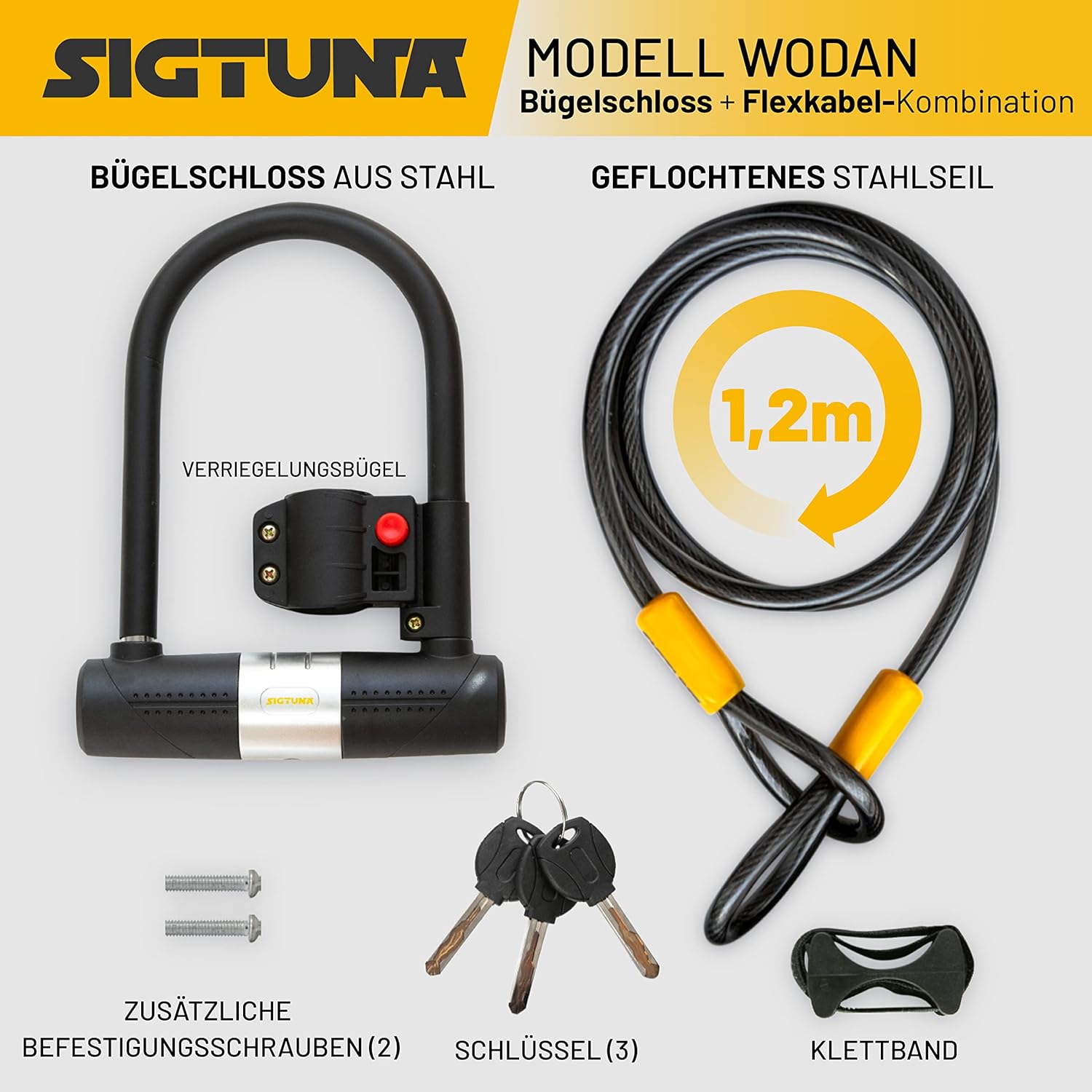SIGTUNA 16mm-es erős U-lakat + 1,2m kábel, sárga - kerékpárokhoz, 3 kulccsal - Image 2