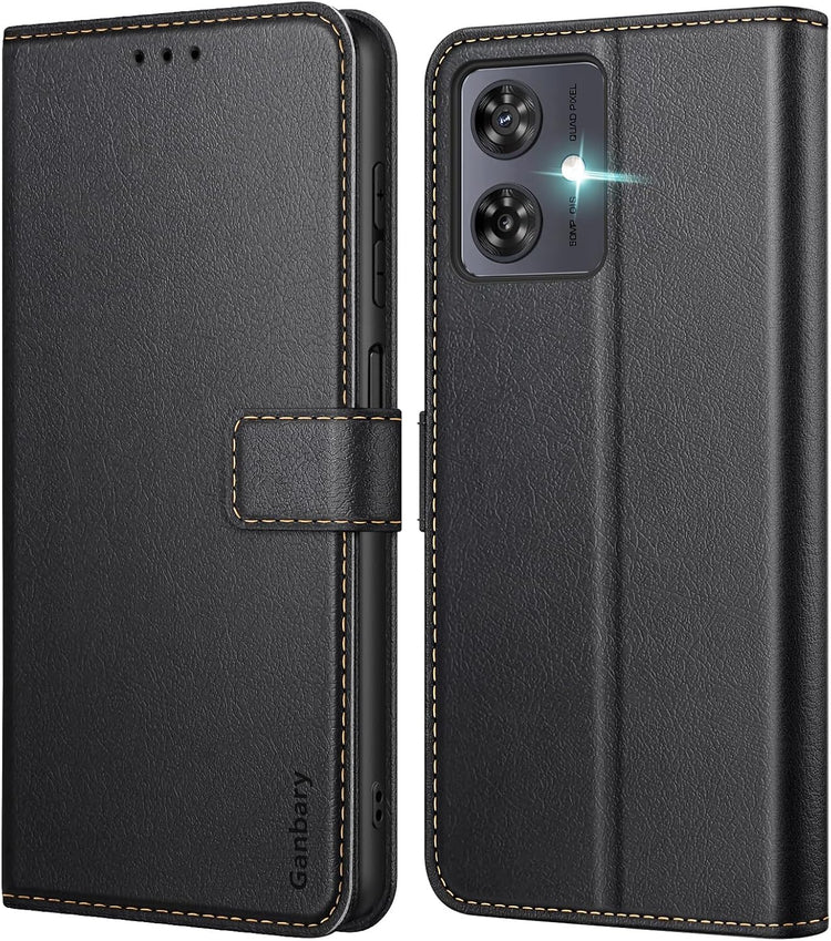 Motorola Moto G54/G64 5G Prémium Bőr Flip Tok - Fekete, Kártyatartóval - Image 1