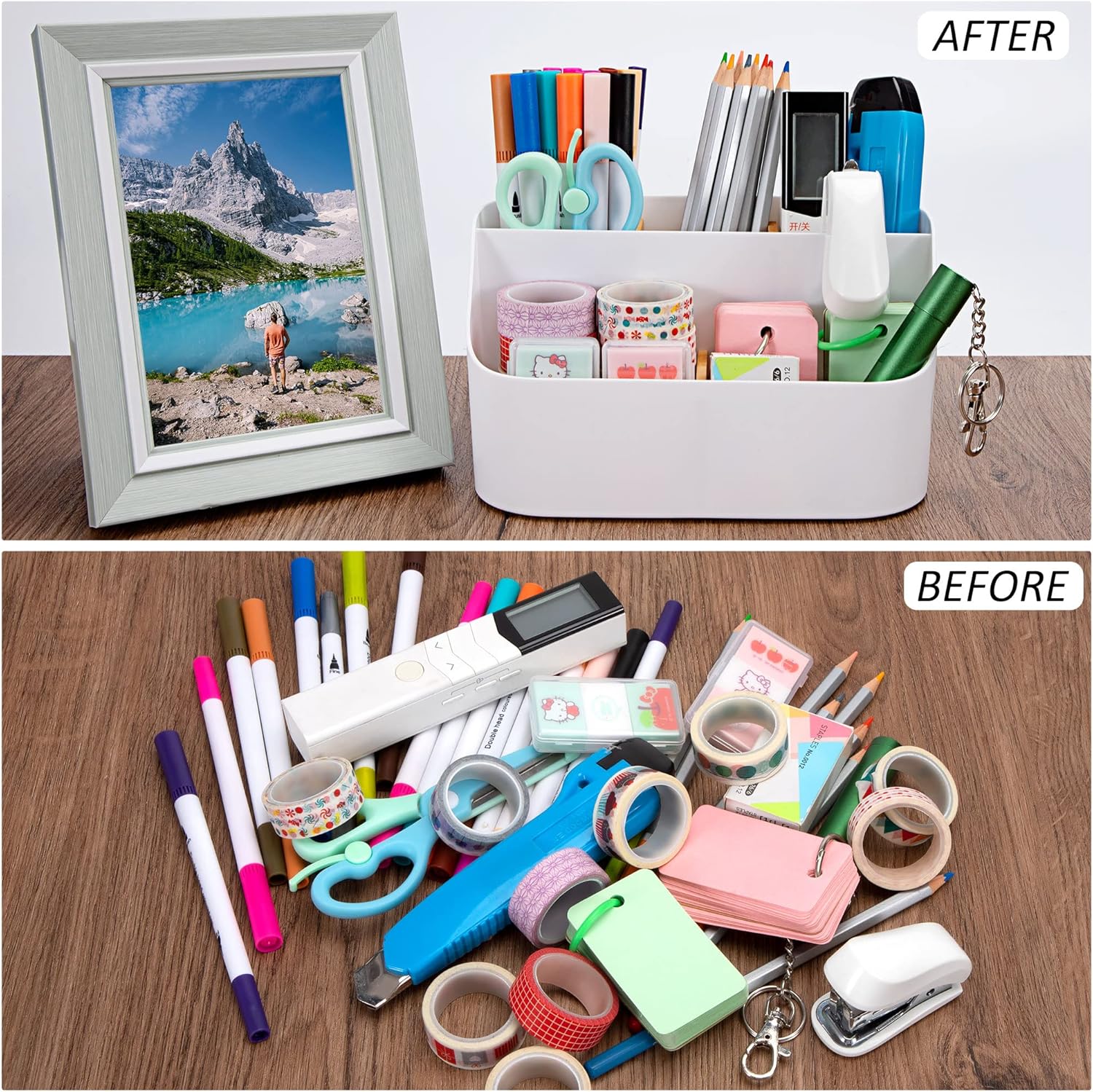 QH-Shop Fehér Fa Íróasztal Rendszerező 5 Rekesszel - Távirányító és Irodaszer Tartó - Image 4