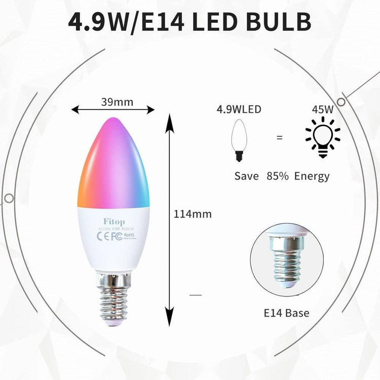 Fitop E14 WiFi-s LED izzók, Szabályozható, Alexa/Googe home kompatilibis, 4.9w, 470 lm, 2700-6500K Újracsomagolt termék - Outlet24